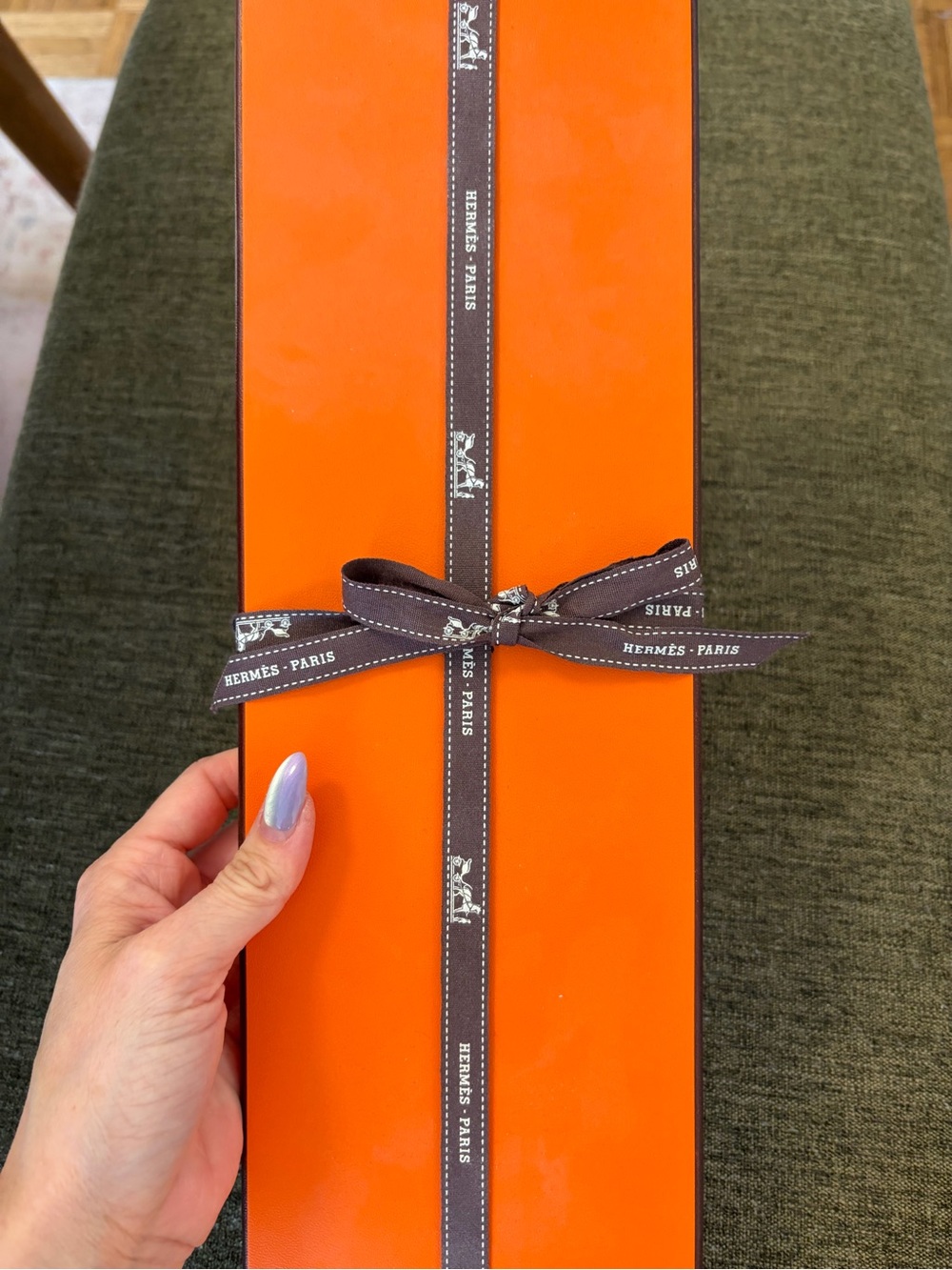Hermes Orange Box with Brown Branded Ribbon